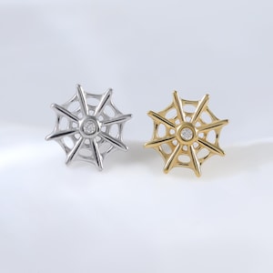 Spider Web Moissanite Hollow Earring • 925 Silver Gothic Web Sparkling Gemstone Threadless Push Pin • 14K Gold Plated Helix Lobe Piercing