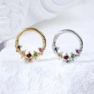 Sterling Silver Donut Gemstone Daith Clicker • 925 Silver Garnet Conch Septum Seamless Clicker • 14K Multi-Color Clicker Hoop Ring 16G