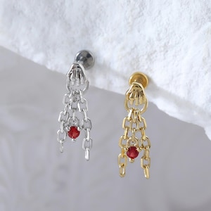 Sterling Silver Devil's Hand Threadless Push Pin • 925 Silver Dangle Chain Cartilage Flat Back Earring • Red Spinel Earlobe Helix Piercing
