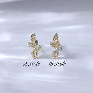 Swiss Blue Topaz Leaf Conch Threadless Earring • Solid 14K Gold Peridot Helix Cartilage Stud • Gemstone Tragus Flat Push Back Piercing