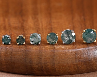Pendiente de plata de ley con ágata musgosa • Piercing plano chapado en oro con cierre a presión • Pendiente de concha, tragus, hélix, cartílago sin rosca • Pendientes de nalga
