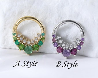 Sterling Silver Multi-color Hinged Clicker • 925 Silver Amethyst Conch Daith Seamless Clicker Earring • Rose Cut Gemstone Septum Hoop Ring