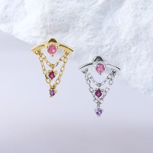 Sterling Silver Dangle Pink Tourmaline Stud • 14K Gold Amethyst Hidden Helix Cartilage Piercing • Garnet Double Chain Flat Back Earring