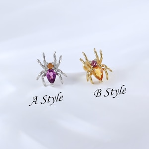 Sterling Silver Spider Rhodolite Garnet with Citrine Stud • 925 Silver Gemstone Helix Flat Back Stud • 14K Spider Conch Cartilage Earring