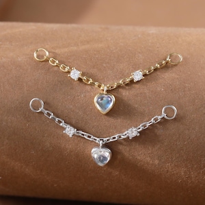 Moonstone Heart Cartilage Piercing Chain • Sparkling Moissanite Dangle Nose Chain • 925 Silver Helix Conch Wrap Chain Connector Chain Jacket