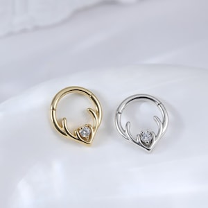 Sterling Silver Dainty Antler Gemstone Daith Clicker • 925 Silver Diamond Conch Septum Seamless Clicker • Silver Helix Clicker Hoop Ring 16G