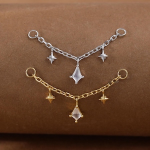 Sterling Silver Dangle Kite Moonstone Chain • 14K Gold Stars Helix Industrial Cartilage Wrap Chain • Gemstone Daith Rook Nose Piercing Chain
