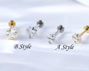 Sterling Silber Moissanite Ohrstecker • 14K Helix Conch Knorpel Threadless Bolzen • Moissanite Nase Labret flache Rückseite Piercing