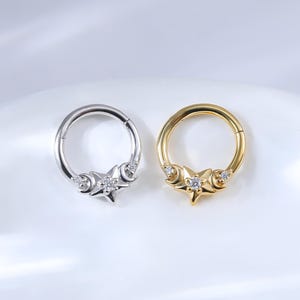 14K Gold Moon & Star Daith Clicker Earring • Sterling Silver Moissanite Crescent Septum Ring • Star Helix Cartilage Clicker Hinged Hoop 16G