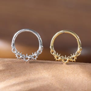 14K Gold Plated Thorns Heart Nose Seamless Clicker • Sterling Silver Daith Ring Hinged Hoop Earring • Dainty Heart Cartilage Septum Ring 18G