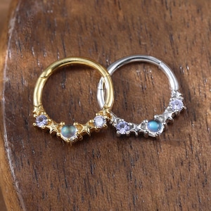 May include: Two septum rings, one gold and one silver, are displayed on a wooden surface. The gold ring features a row of small, star-shaped accents with a central iridescent stone. The silver ring has a similar design with light purple stones.