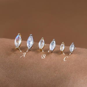Sterling Silver Marquise Labradorite Threadless Earring • 925 Silver Gemstone Helix Flat Back Piercing • 14K Tragus Conch Cartilage Stud