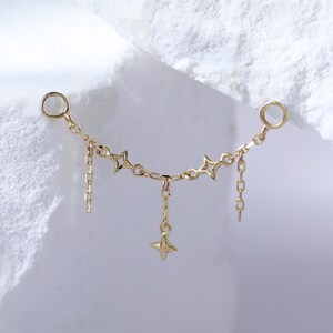 Delicate Dangle Stars Cartilage Wrap Chain • Solid 14K Gold Triple Chain Helix Industrial Bar Chain • Gold Stars Rook Nostril Piercing Chain