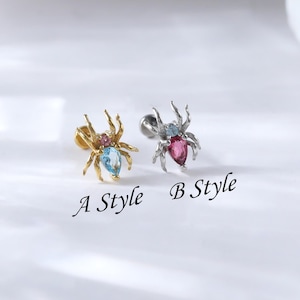 Sterling Silver Spider Swiss Blue Topaz With Tourmaline Stud • 14K Helix Conch Flat Back Stud • Gemstone Spider Tragus Cartilage Earring