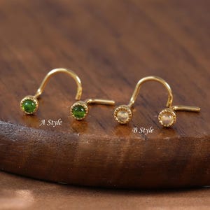 Moonstone S-Shaped Nose Ring • 925 Silver Chrysoprase L-Shaped Nose Stud • Single Gemstone Nose Ring Stud • Solitaire Nose Piercing 20G