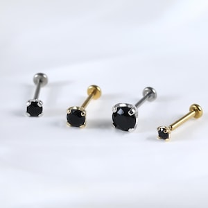 Sterling Silver Black Onyx Threadless Pin Earring • 925 Silver Onyx Labret Nostril Stud • 14K Gold Plated Conch Helix Cartilage Flat Back