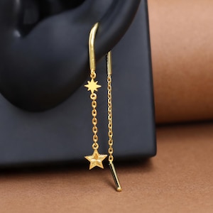 14K Gold Plated Diamond-Cut Star Threader Earring Celestial Dangle Chain Curved Bar Lobe Stud Sterling Silver Cartilage Hook Line Earring