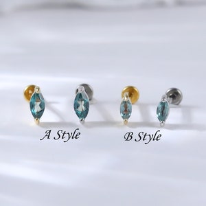 Sterling Silver Marquise Alexandrite Threadless Pin Stud • 925 Silver Gemstone Helix Flat Back Stud • 14K Tiny Tragus Conch Cartilage Stud