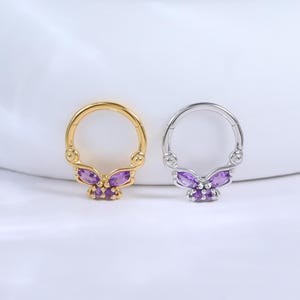 Butterfly Amethyst Hoop Earring • 14K Gold Plated Animal Motif Pattern Nose Ring • 925 Silver Purple Gemstone Cartilage Daith Earring