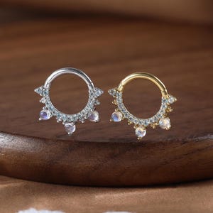 Sterling Silver Moonstone with Topaz Helix Clicker • Gold Swiss Blue Topaz Daith Septum Ring • 14K Gemstone Cartilage Conch Hoop Earring 16G