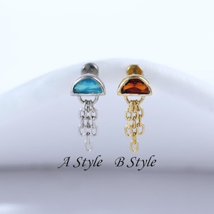 Sterling Silver Garnet Jellyfish Helix Push Pin Stud • 14K Dangle Chain Earlobe Flat Back Earring • Gold Blue Agate Fish Cartilage Piercing