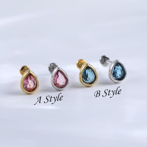 Sterling Silber Pink Turmalin Teardrop Conch Ohrring • 14K London Blautopas Tragus Ohrläppchen Piercing • Helix Knorpel Flach Push Back Stud