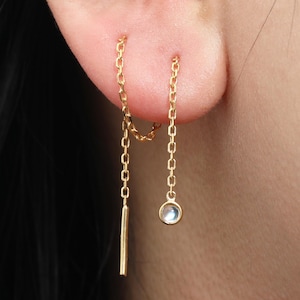 Sterling Silver Moonstone Threader Earring • Bezel Setting Gem Piercing • Long Chain Dangle Pull Through Ear Wire • Two Hole Piercing