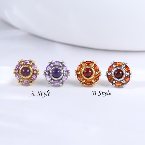 Garnet Floral Dome Earring• Polished Amethyst Flower Stud • 925 Silver Gemstone Cartilage Helix Upper Lobe Piercing • Bold Colorful Jewelry