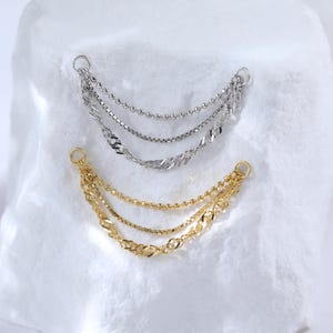 14K Gold Plated Triple Chain Piercing Cartilage Chain, 925 Silver Multiple Wrap Chain for Earring, White Gold Helix Industrial Nose Chain