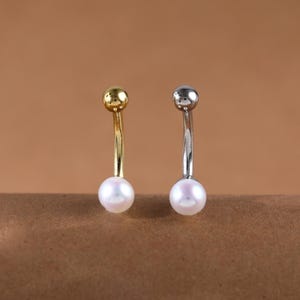 Sterling Silver Dainty Pearl Rook Earring • 925 Silver Freshwater Pearl Belly Button Ring • 14K Gold Plated Curved Barbell Navel Ring 16G