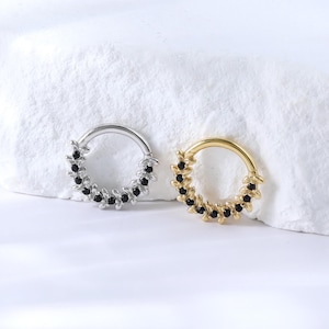 Sterling Silver Black Onyx Leaf Daith Clicker • 925 Silver Conch Septum Seamless Clicker • 14K Gold Black Onyx Nose Ring 16G Clicker Hoop