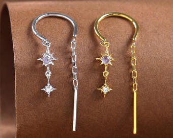 Pendientes colgantes de moissanita y piedra lunar chapados en oro de 14 quilates con cadena curva y broche de plata 925 para cartílago o hélice.