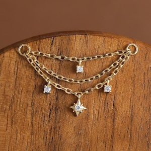 Starburst Moissanite Triple Chain Piercing • Gemstone Celestial Dangle Nose Chain • Sterling Silver Cartilage Helix Conch Wrap Chain Earring