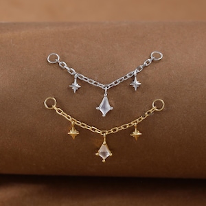 Catena pendente in argento Sterling con pietra di luna a forma di aquilone • Catena avvolgente per cartilagine industriale con elica a stelle in oro 14 carati • Catena per piercing al naso con pietra preziosa Daith Rook