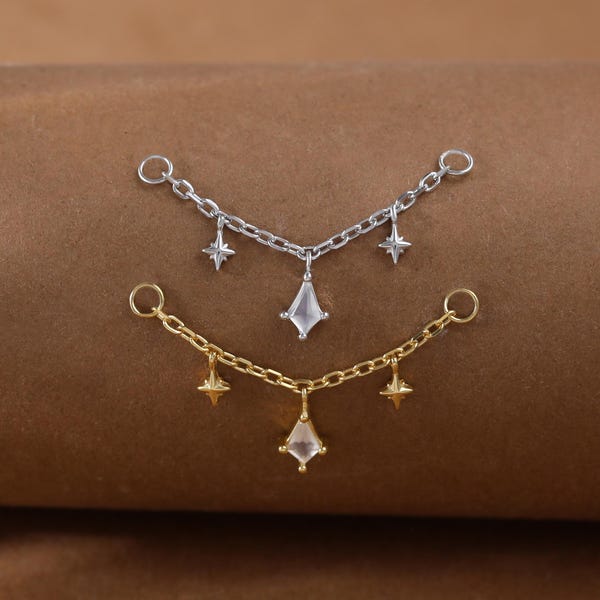 Cadena colgante de plata de ley con forma de cometa y piedra lunar • Cadena industrial de oro de 14 quilates con estrellas y diseño de hélice para piercing de cartílago • Cadena con gema para piercing de nariz, nariz o daith