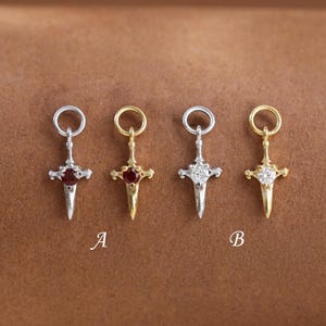 Sterling Silver Garnet Moissanite Sword Charm Connector • 14K Gold Plated Dagger Clicker Charm Earring • Cartilage Helix Lobe Conch Piercing