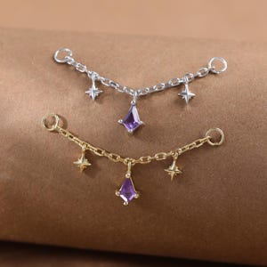 Gold Plated Dangle Kite Amethyst Chain • 925 Silver Stars Helix Industrial Cartilage Wrap Chain • Gemstone Daith Rook Nose Piercing Chain