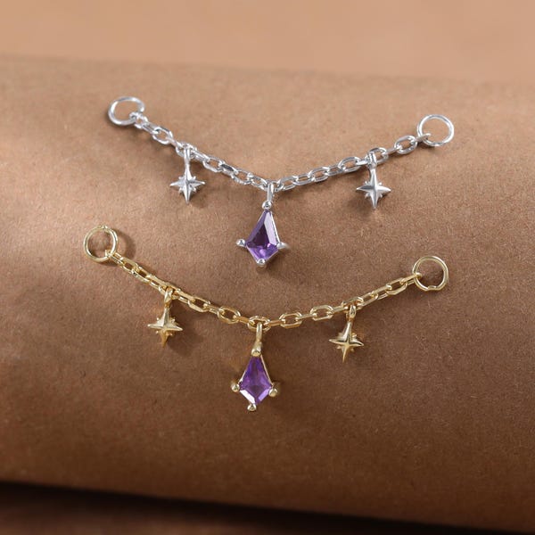 Gold Plated Dangle Kite Amethyst Chain • 925 Silver Stars Helix Industrial Cartilage Wrap Chain • Gemstone Daith Rook Nose Piercing Chain
