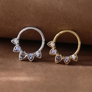 Moonstone Flower Hollow Hoop Earring • Leaf Shape Moissanite Septum Ring • Dainty Gemstone Nose Ring • 925 Silver Cartilage Daith Clicker