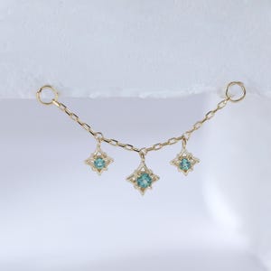 Triple Alexandrite Star Helix Cartilage Chain • Solid 14K Gold Dangle Gemstone Conch Wrap Chain • Gold Stars Industrial Bar Rook Belly Chain