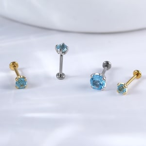 Sterling Silver Swiss Blue Topaz Threadless Push Pin • 14K Gold Prong Set Nose Labret Piercing • Tragus Conch Helix Cartilage Flat Back Stud