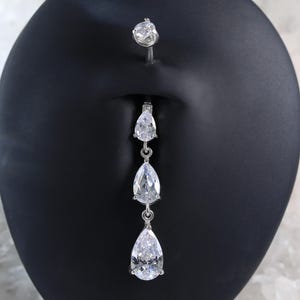 Dangle Teardrop Diamond Navel Ring • Sterling Silver Threaded Piercing • Curved Barbell Belly Button Ring 14G • Hypoallergenic Body Jewelry