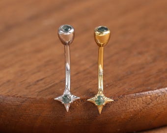Boucle d'oreille en argent sterling avec agate mousse et tour étoilé • Anneau de sourcil en argent 925 avec pierres précieuses • Anneau de ventre incurvé avec haltères • Bijoux avec filetage interne 16 g
