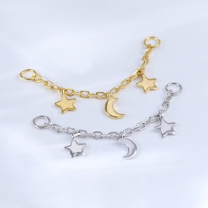 Catena per cartilagine con luna e stella pendenti placcate in oro • Catena avvolgente per elica a conchiglia in argento sterling • Catena per piercing al naso celeste con barra industriale