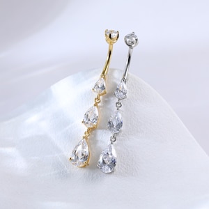 Sterling Silver Triple Teardrop Navel Ring • 925 Silver Dangle Diamond Drop Threaded Piercing • Gold Curved Barbell Belly Button Ring 14G