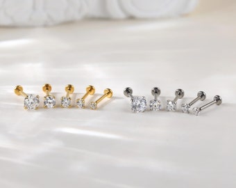 Sterling Silver Tiny Moissanite Helix Push Back • 925 Silver Labret Conch Earlobe Threadless Push Pin • 14K Gold Cartilage Stud Earring