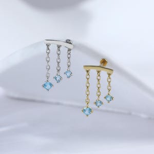 Sterling Silver Swiss Blue Topaz Helix Stud • 925 Silver Topaz Hidden Helix Cartilage Piercing • 14K Dangle Triple Chain Flat Back Earring
