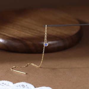 Bezel Setting Moonstone Threader Earring • Solid 14K Gold Drop Chain Earring • Gold Chain Dangle Earring • Pull Through Long Chain Earring