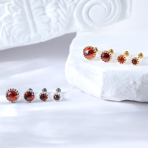 Sterling Silber Rose Cut Garnet Helix Threadless Pin • 925er Silber Multi-Size-Edelstein Nostril Conch Piercing • 14K Knorpelstecker mit flacher Rückseite