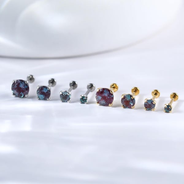 Yellow Gold Plated Alexandrite Helix Cartilage Earring • 925 Silver Prong Setting Conch Tragus Stud • Gemstone Nose Flat Push Back Piercing